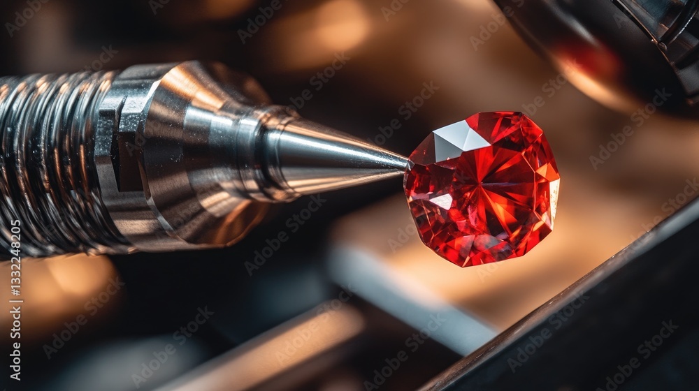 Poster a close-up of a high-speed faceting machine shaping a ruby into a brilliant cut design.
