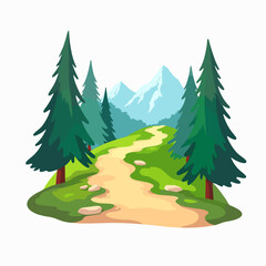 Scenic hiking trail through green hills and pine trees, outdoor adventure