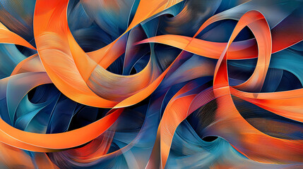 Abstract artwork of swirling orange and blue lines creating a dynamic and vibrant composition