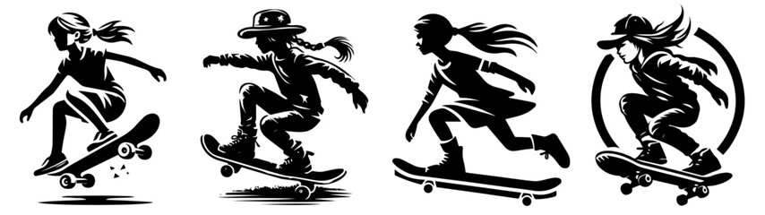 female skateboarder silhouettes in motion in dynamic black silhouette vector