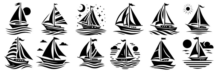 sailboat silhouettes at sea in decorative vector silhouette style