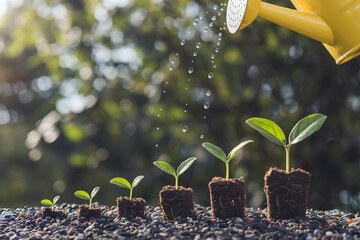 Five young plants growing, being watered by a yellow watering can