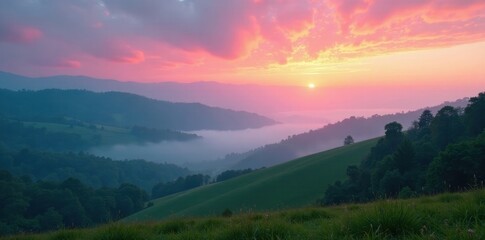 Obraz premium Rolling hills shrouded in fog, vibrant sky above, sky, shadow, drone