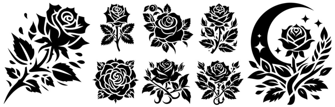 rose flower tattoo silhouettes with moon and butterfly in decorative vector silhouette style