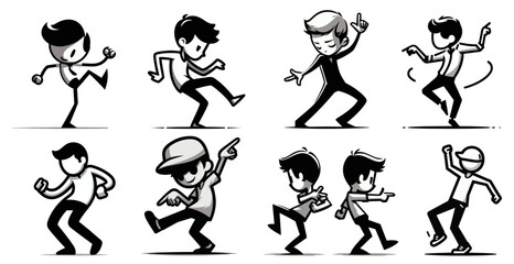 urban dance poses stickman style black and white character set