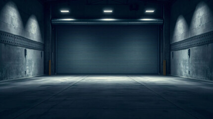 Roller door or roller shutter, concrete floor in industrial building i.e. modern factory, plant, warehouse, shop, garage or store. Include lighting at night.