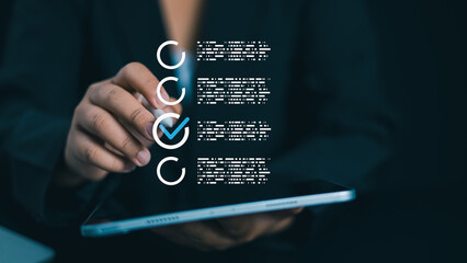 Audit business concept, Checklist and filling survey form online, Compliance with internal...