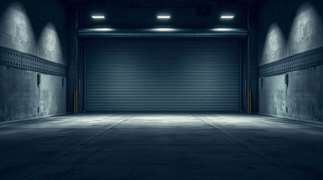 Roller door or roller shutter, concrete floor in industrial building i.e. modern factory, plant, warehouse, shop, garage or store. Include lighting at night.