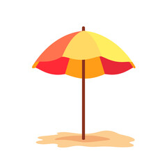 Colorful beach umbrella on sandy shore, summer vacation vibes