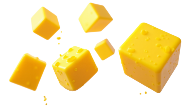 Vibrant Mango Cubes Floating Isolated on Transparent Background for Freshness and Culinary Use