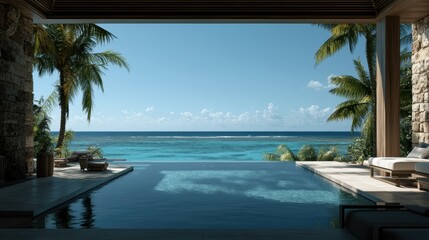 Fototapeta premium A breathtaking view of an infinity pool merging with the ocean under a clear blue sky, surrounded by palm trees, capturing a moment of serene luxury and tranquility.