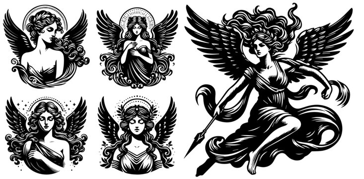 angelic female figures with wings in fantasy style black and white vector set