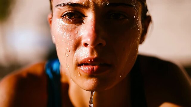 Close-up of a determined, sweaty woman after intense physical training. Fitness and endurance concept