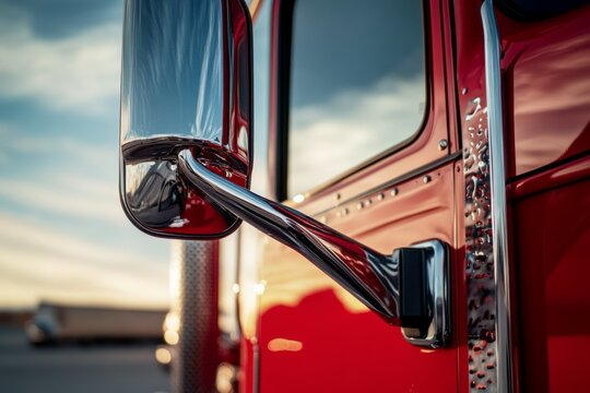 Sunset reflection in vehicle side mirror. Neural network AI generated