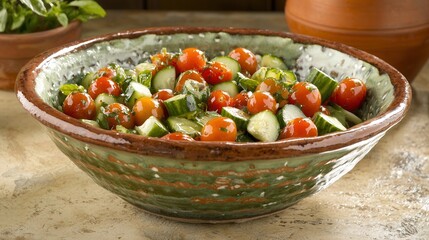 Fresh Cucumber and Tomato Salad in Rustic Bowl
