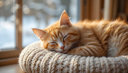 Cozy Ginger Cat Sleeping Peacefully on a Soft Surface, Radiating Warmth, Comfort, and Relaxation in a Tranquil Home Setting