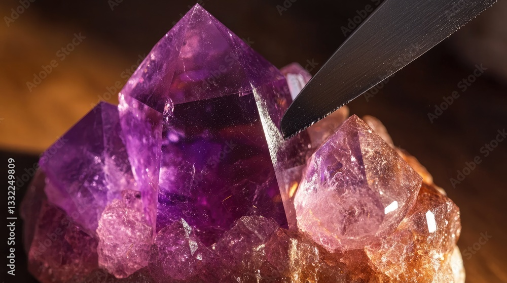 Poster a close-up of a precision saw slicing through a raw gemstone under controlled lighting.