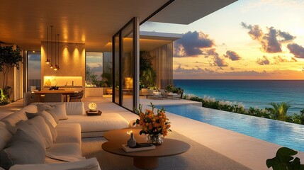 Obraz premium Luxurious modern oceanfront home interior with beautiful evening sunset view