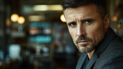 Obraz premium Confident Man in a Stylish Blazer, Intense Gaze, Cinematic Portrait