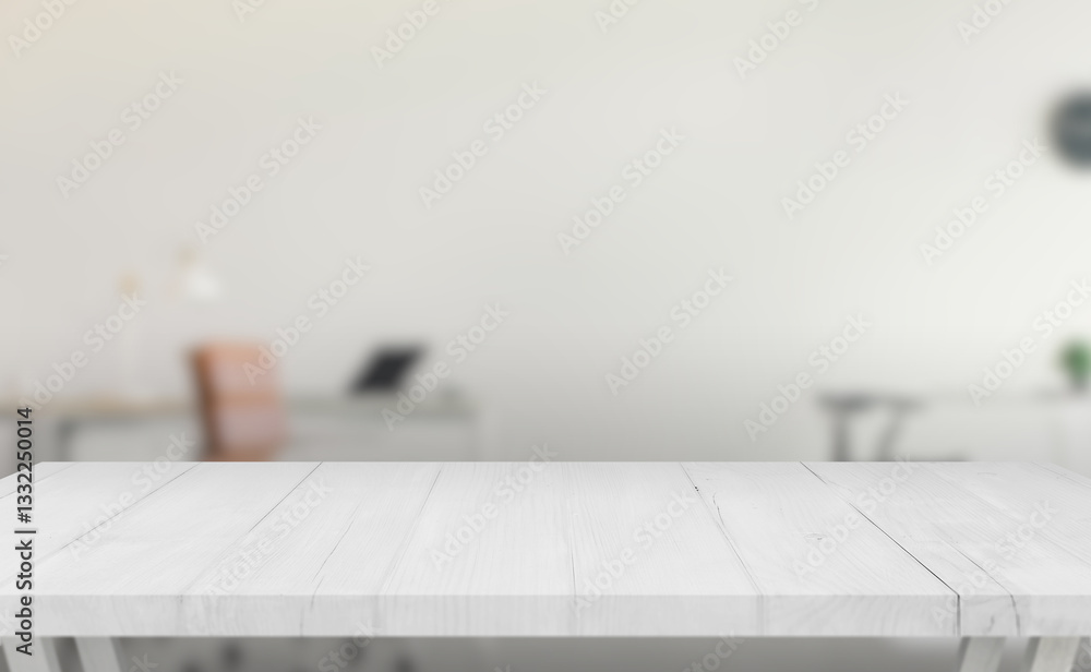 Poster minimalist white wooden table with a textured surface, modern office setting in the background, idea