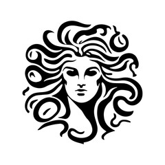 mythological medusa female head with flowing hair black and white vector illustration