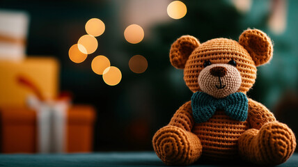 Handmade knitted teddy bear with bow tie, surrounded by festive lights and gifts, evokes warmth and nostalgia. Perfect for holiday decor or as thoughtful gift
