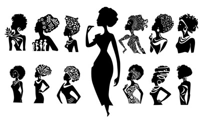 african women silhouettes with natural hair and cultural fashion black and white vector set