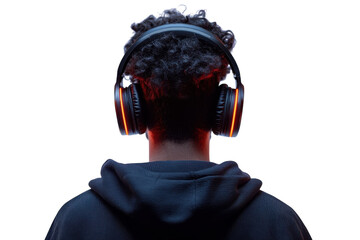 Immersed In Sound, A Young Gamer Loses Himself In A Virtual World, Illuminated By The Warm Glow Of His Headsets Orange Accents Against A Bright Isolated on Transparent Background © Jawad
