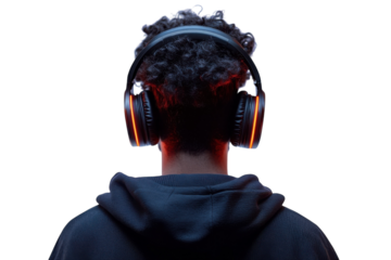 Immersed In Sound, A Young Gamer Loses Himself In A Virtual World, Illuminated By The Warm Glow Of His Headsets Orange Accents Against A Bright Isolated on Transparent Background