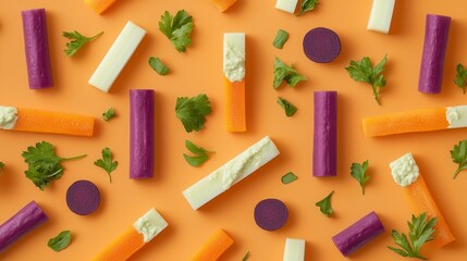 Colorful Vegetable Sticks with Creamy Dip and Herbs