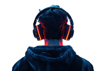 Immersed In Vibrant Sound, A Young Gamer Loses Himself In The Rhythm, Illuminated By The Electrifying Glow Of His Headset Against A Clean White Backdrop Isolated on Transparent Background