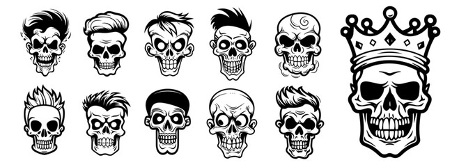 stylish skull heads with haircuts and crown black and white vector illustration set