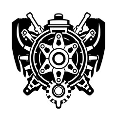 Bold, symmetrical black and white mechanical emblem featuring a central starburst, cogwheels, and stylized weaponry or tools, framed by abstract elements.