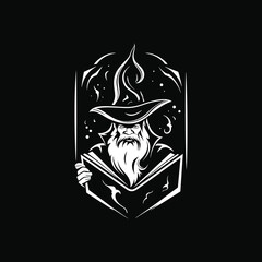 Dark Wizard Reading a Magic Book - Monochrome Vector Illustration