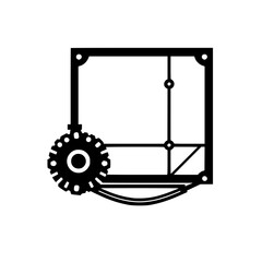 Geometric, mechanical icon featuring a gear connected to a gridded square or frame, with minimalist design and stylized cables or wires beneath.