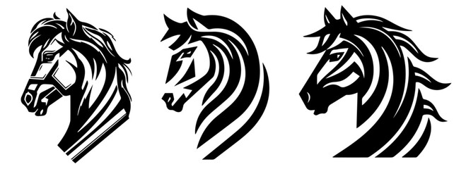 stylized horse and zebra heads black and white vector illustration set