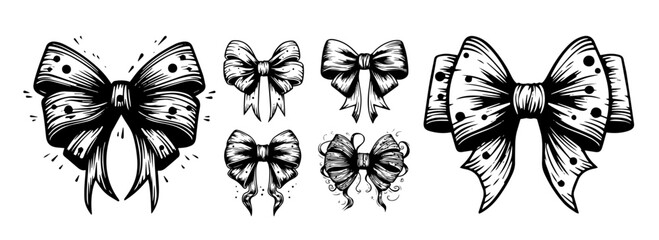 set of decorative ribbon bows black and white vector illustration
