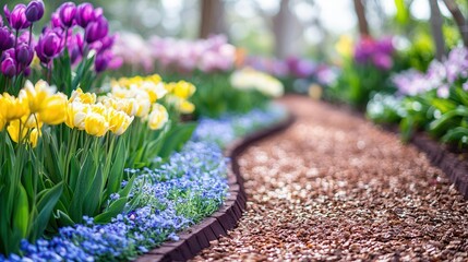 Colorful Spring Tulips and Flowers Along Garden Path
