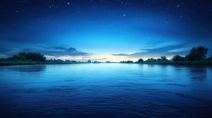 Serene Night River Landscape Under Starlit Sky