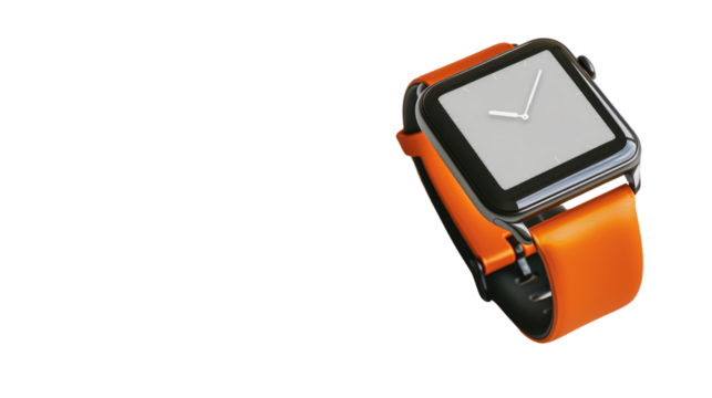 Orange smartwatch with transparent background showing time