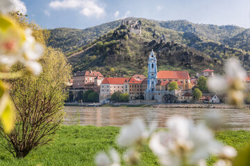 Dürnstein village with Danube river during spring time in Wachau, Austria
