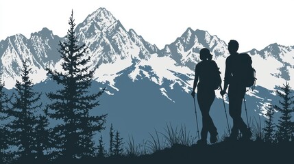 Silhouette of an adventurous couple hiking through a pine forest, overlooking majestic mountain peaks, vector icon for travel and camping.
