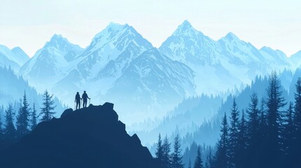 Panoramic hiking scene, black silhouette of a couple exploring the mountains, minimalist travel background with forest elements.