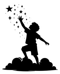 silhouette of boy reaching for stars on clouds in rendered as a high-contrast black vector shape