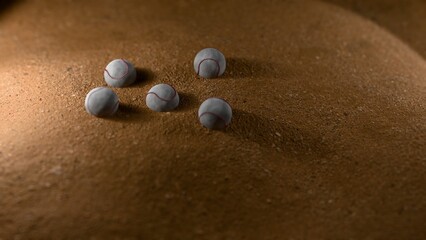 The concept art of baseball league scene, some baseballs on the sandy ground created by 3D modeling objects and lighting.