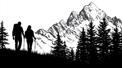 Silhouette of an adventurous couple hiking through a pine forest, overlooking majestic mountain peaks, vector icon for travel and camping.