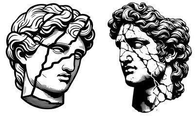 cracked antique sculpture head illustrations in black and white vector style