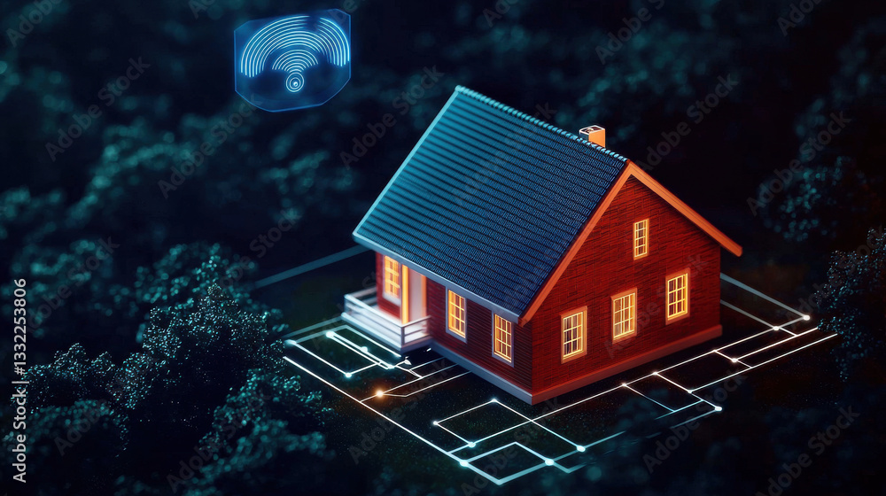 Poster wireless technology and future wifi concept, futuristic home with advanced wifi technology and encry