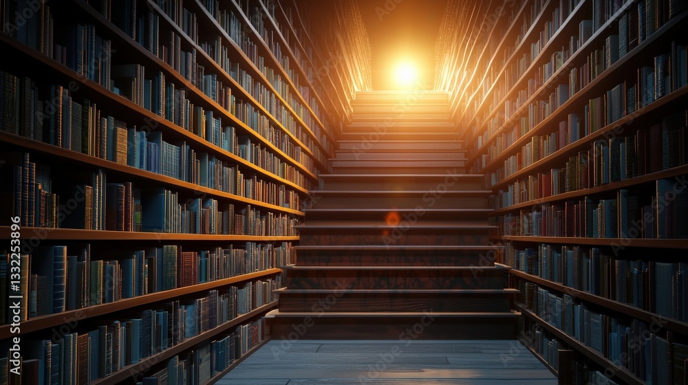 Poster a bookshelf that transforms into a staircase leading to a magical library.