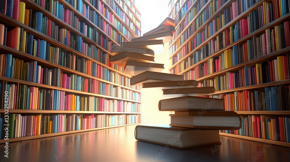 Poster a bookshelf that transforms into a staircase leading to a magical library.